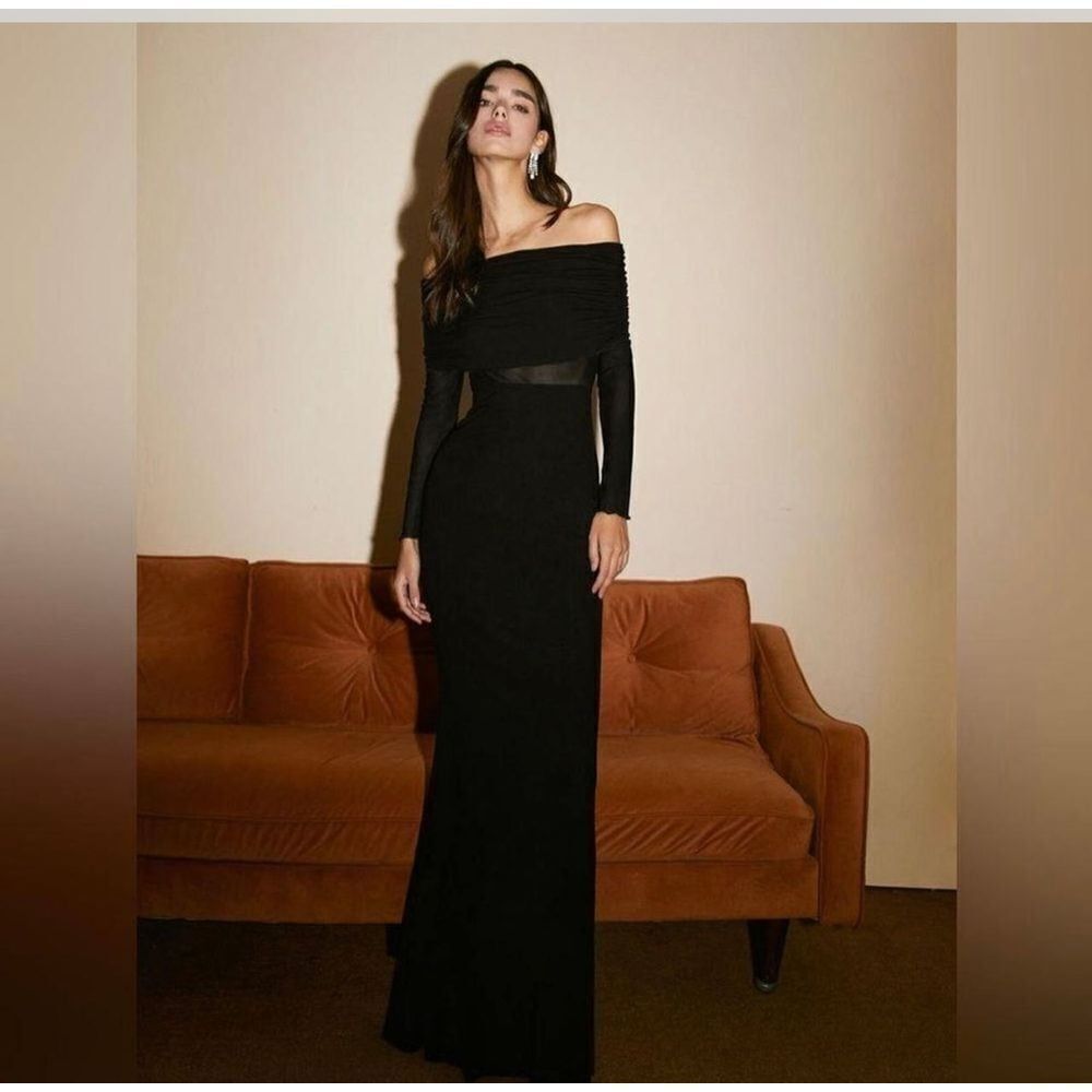 Commense‎ Overfold Off-Shoulder Mesh Long Sleeve Long Dress black size S
